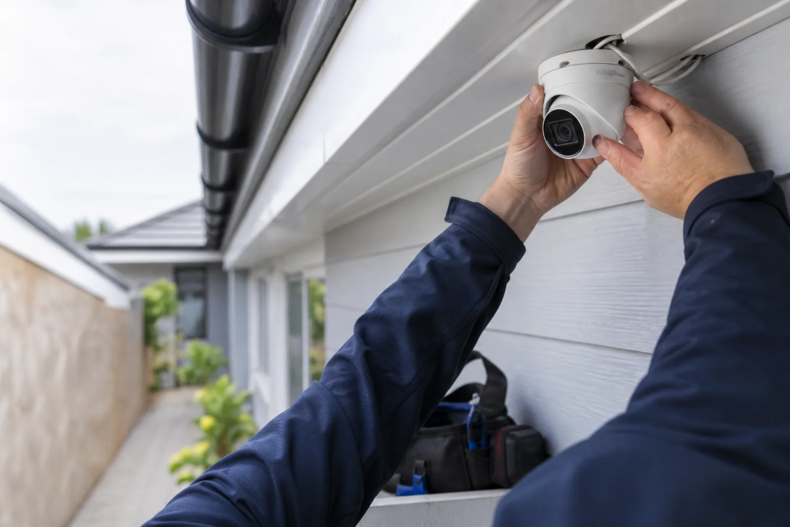 CCTV installer fitting a camera for a Lowestoft property